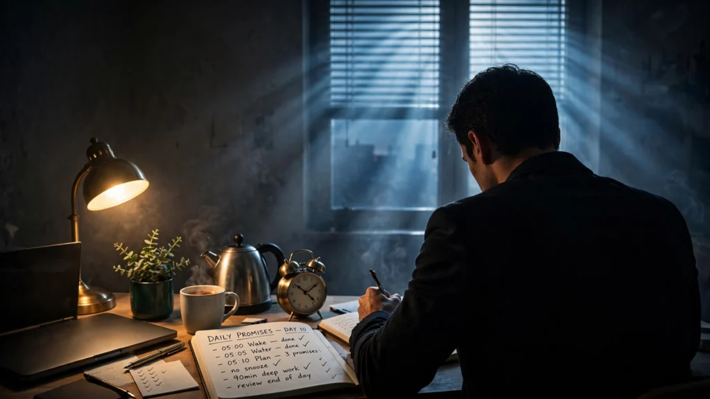 Entrepreneur writing his daily discipline checklist in a notebook at his desk before dawn, lamp glowing against dark windows.