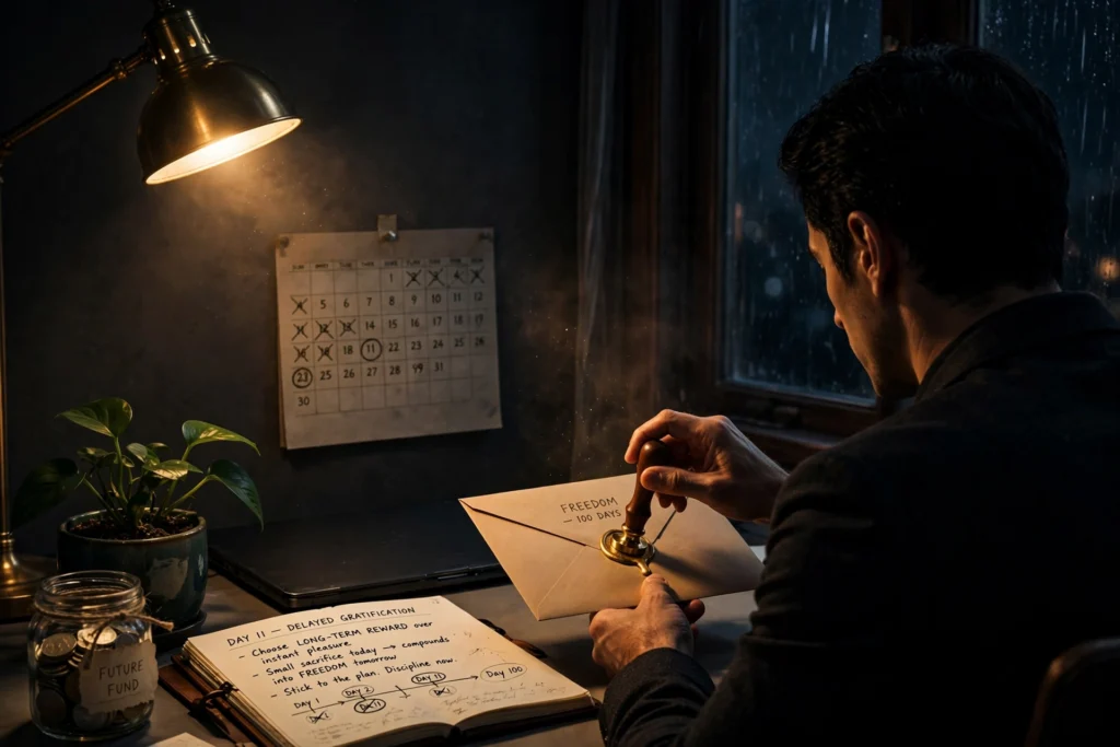 Entrepreneur sealing an envelope holding a long-term goal at his desk at night, a crossed-off calendar and savings jar nearby.
