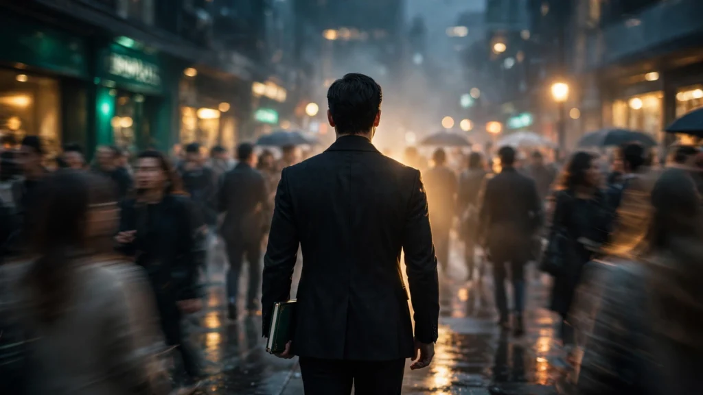 Entrepreneur walking calmly and steadily through a motion-blurred crowd on a city street at dusk, warm rim light setting him apart.