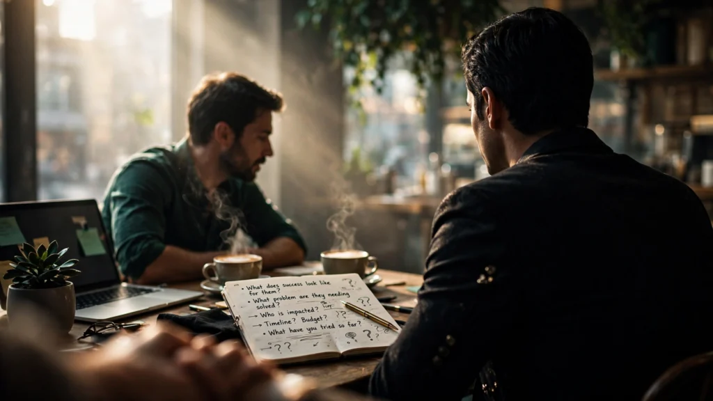 Entrepreneur leaning in and listening intently to a client across a café table, notebook of questions open beside two coffees.