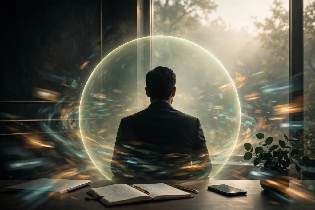 Entrepreneur seated calmly at the center of a glowing circle of stillness while blurred streams of notifications and noise swirl around him.
