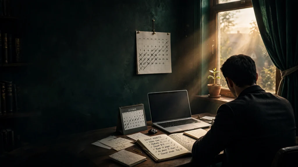 The entrepreneur writes in his journal from behind at a dawn-lit desk, a wall calendar showing a streak of daily X marks and a seedling on the windowsill.