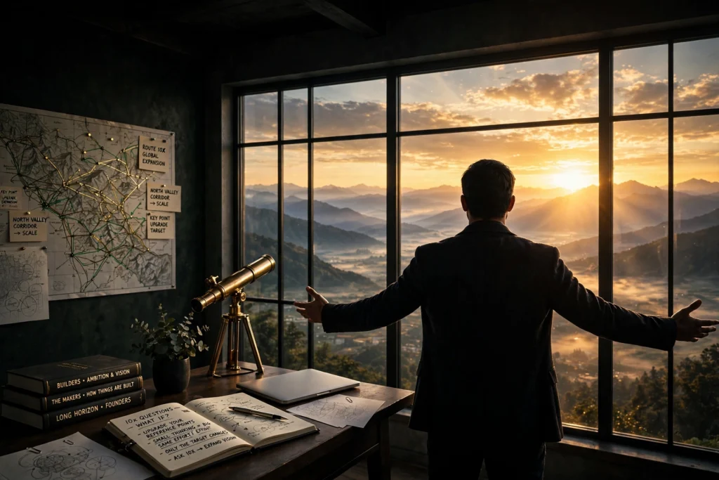 In silhouette before tall loft windows, the entrepreneur with arms slightly open takes in a sunrise over vast mountain ridges, biographies of great builders on a nearby desk.