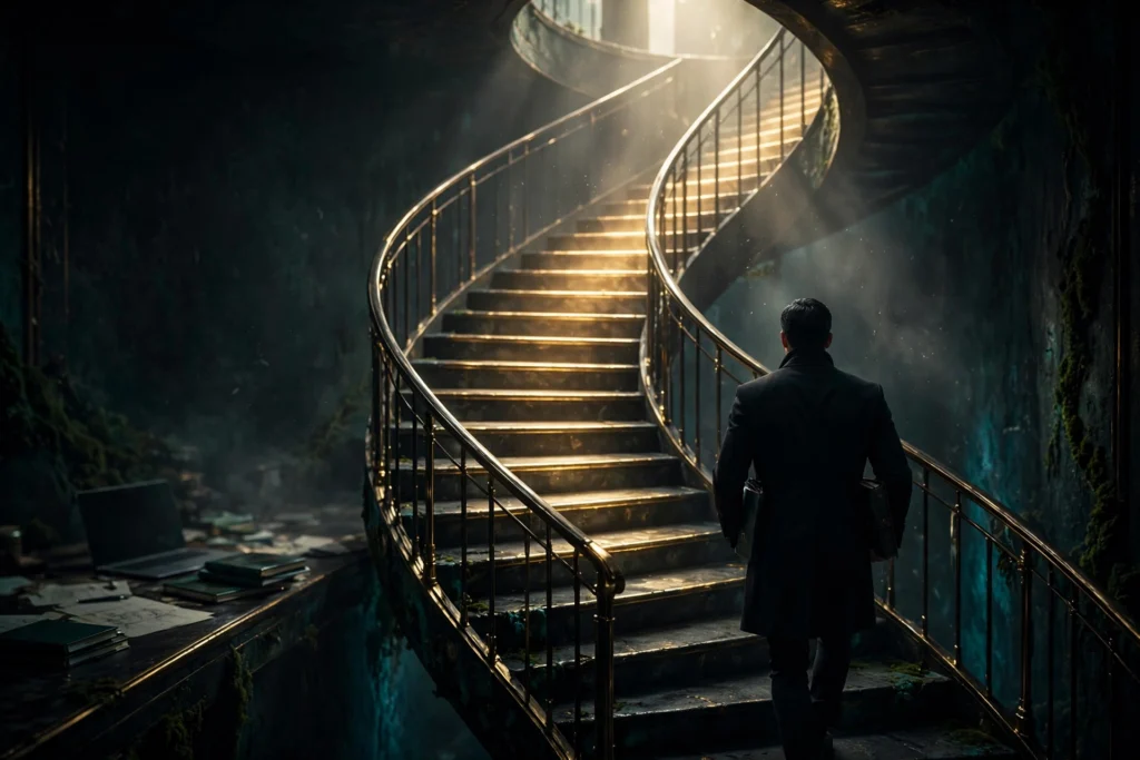 The entrepreneur climbs a dimly lit staircase from behind, each step glowing brighter than the last, moving steadily toward the light above.