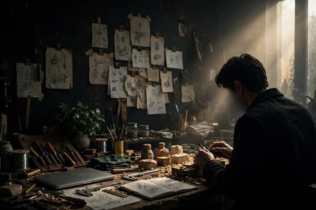 The entrepreneur works in a modest craftsman's workshop, shown in profile with intense focus, hands shaping a piece of work on a bench of tools and sketches.