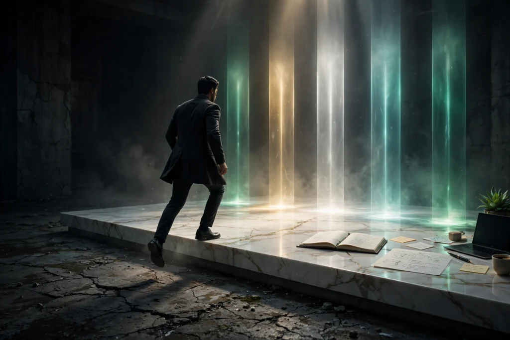 The entrepreneur steps up from a cracked concrete floor onto a gleaming marble platform, seen from behind mid-step, with golden light rising around him.