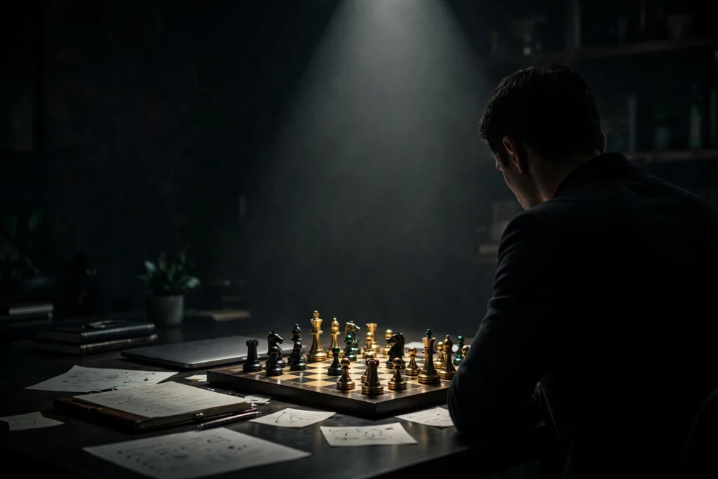 The entrepreneur leans over a chessboard in a dark quiet room, shown in partial silhouette, hand hovering over a piece about to make a quiet decisive move.