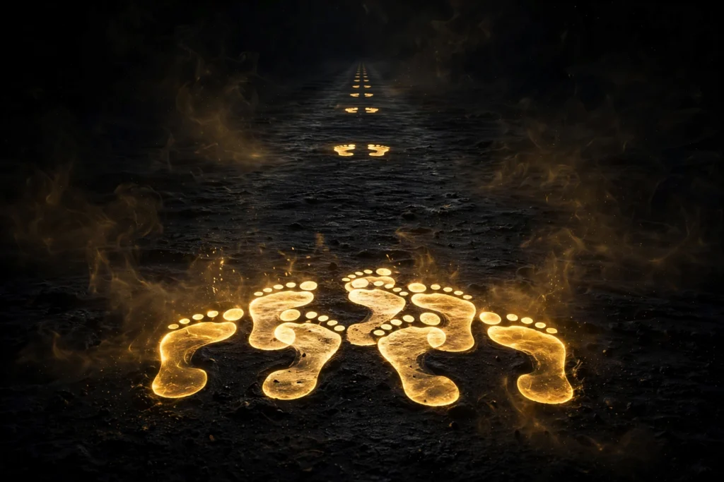 Golden footprints continuing down a dark endless path, symbolizing daily consistency compounding over time