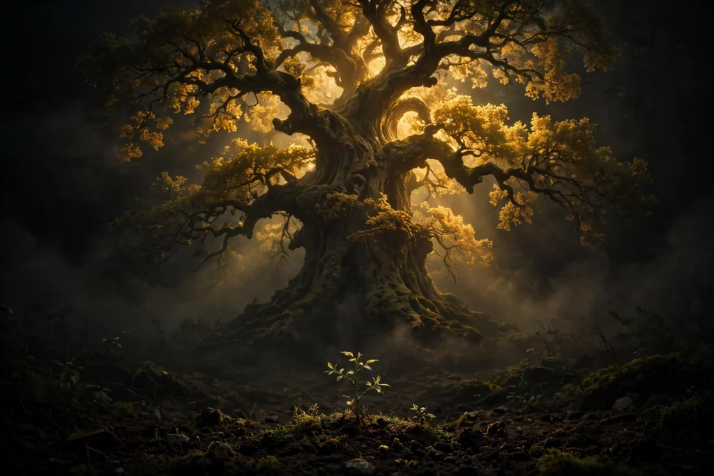 A small sapling in dark soil before a towering golden oak, symbolizing how delayed gratification compounds