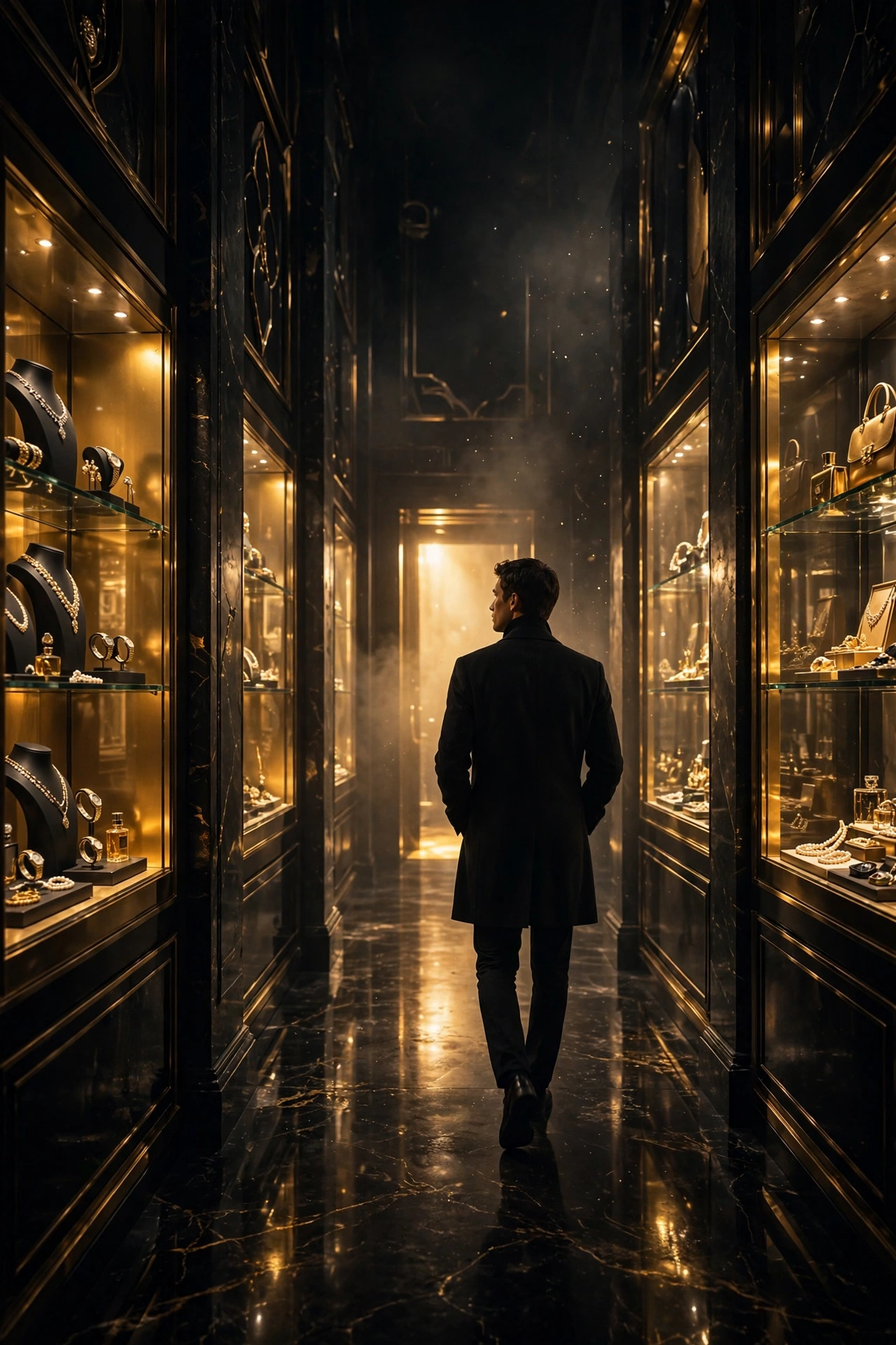 A person walking past glowing temptations, symbolizing delayed gratification