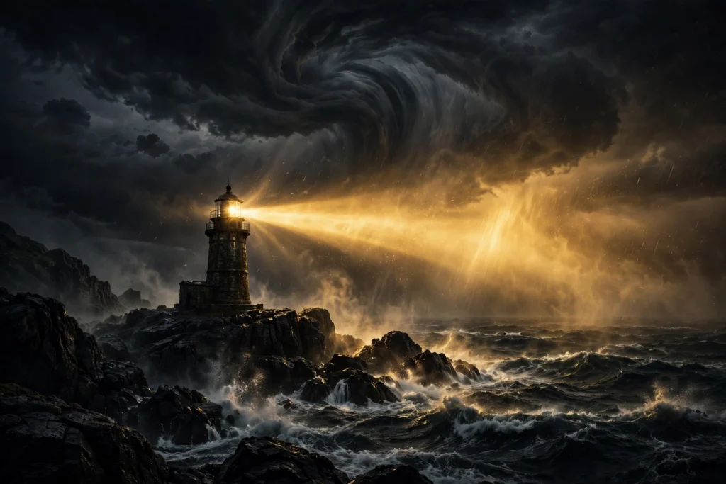 A lone lighthouse beam cutting through a dark storm, symbolizing quiet inner confidence