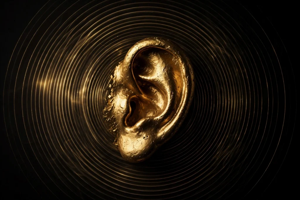 A golden ear sculpture against darkness with subtle sound waves, symbolizing listening as the first sales skill