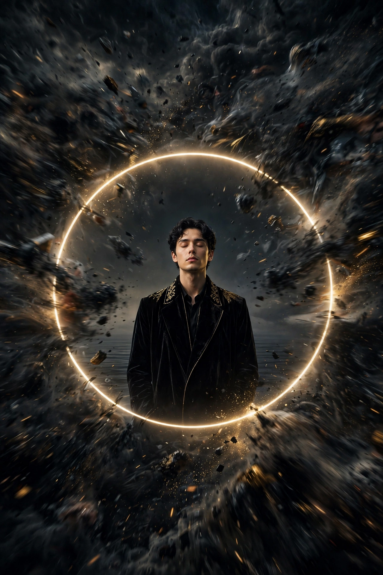 A calm person surrounded by a glowing circle of peace amid a chaotic storm of distractions, symbolizing how to protect your energy