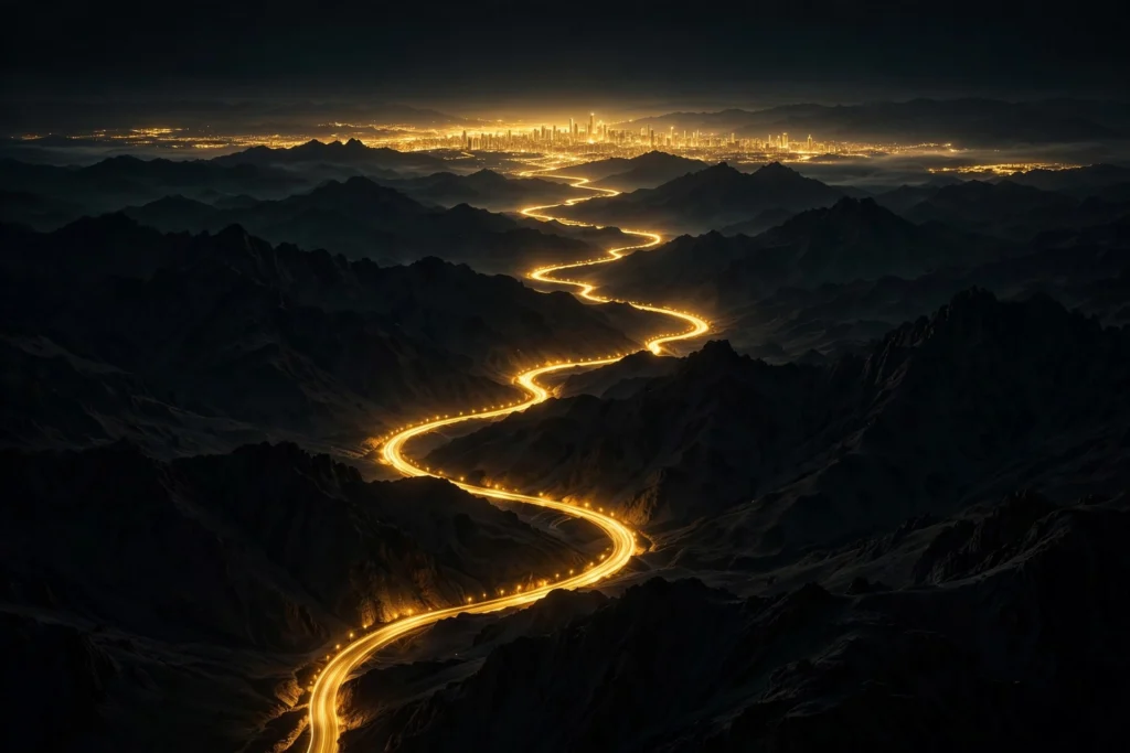 A winding golden road through dark mountains toward a distant glowing city, symbolizing the long path to wealth
