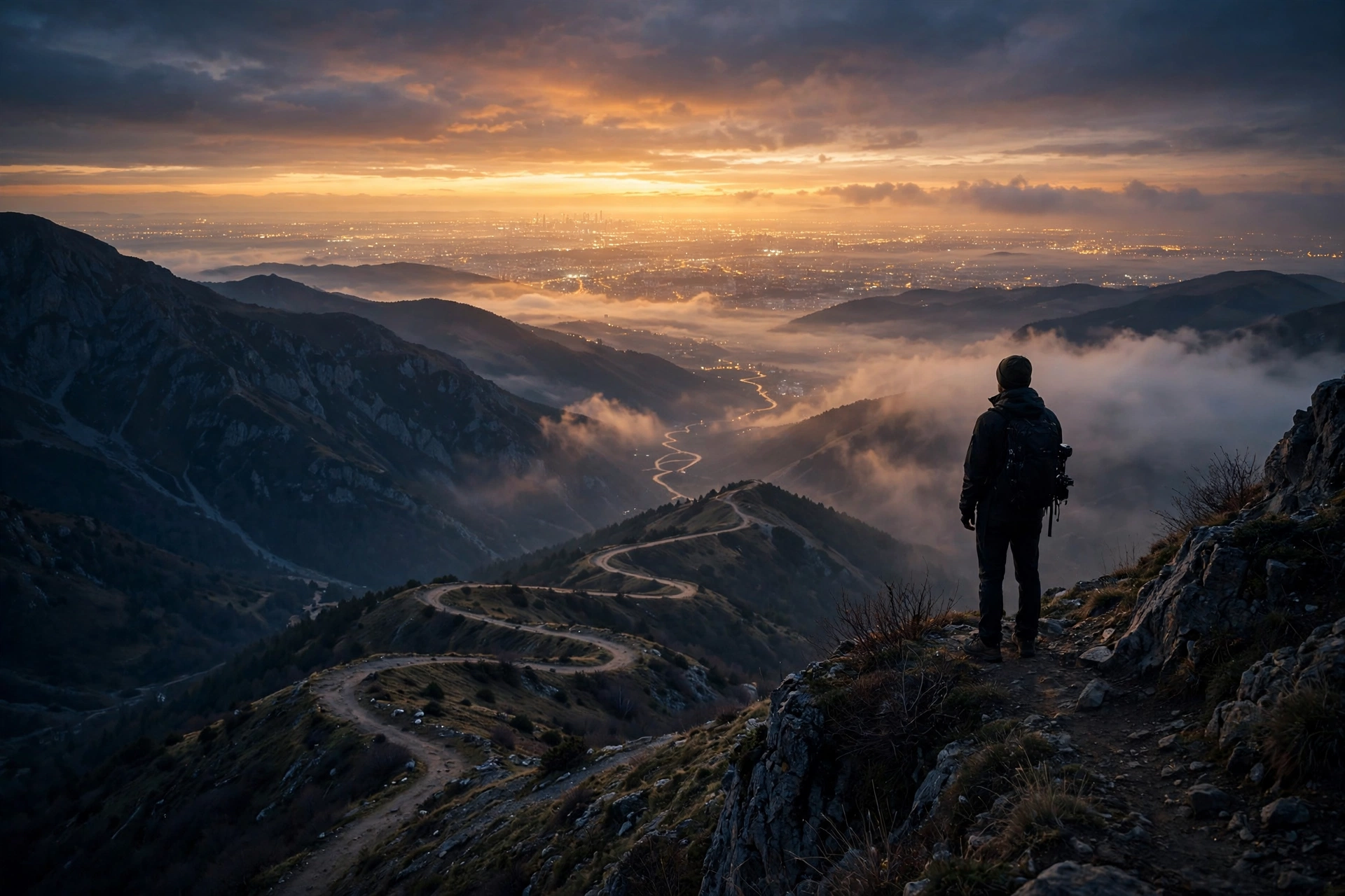 A person on a mountain at dawn gazing toward a distant glowing city, symbolizing long-term wealth vision