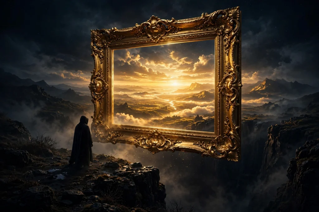 A silhouetted figure gazing through a giant golden frame at an expanded horizon, symbolizing expanded vision