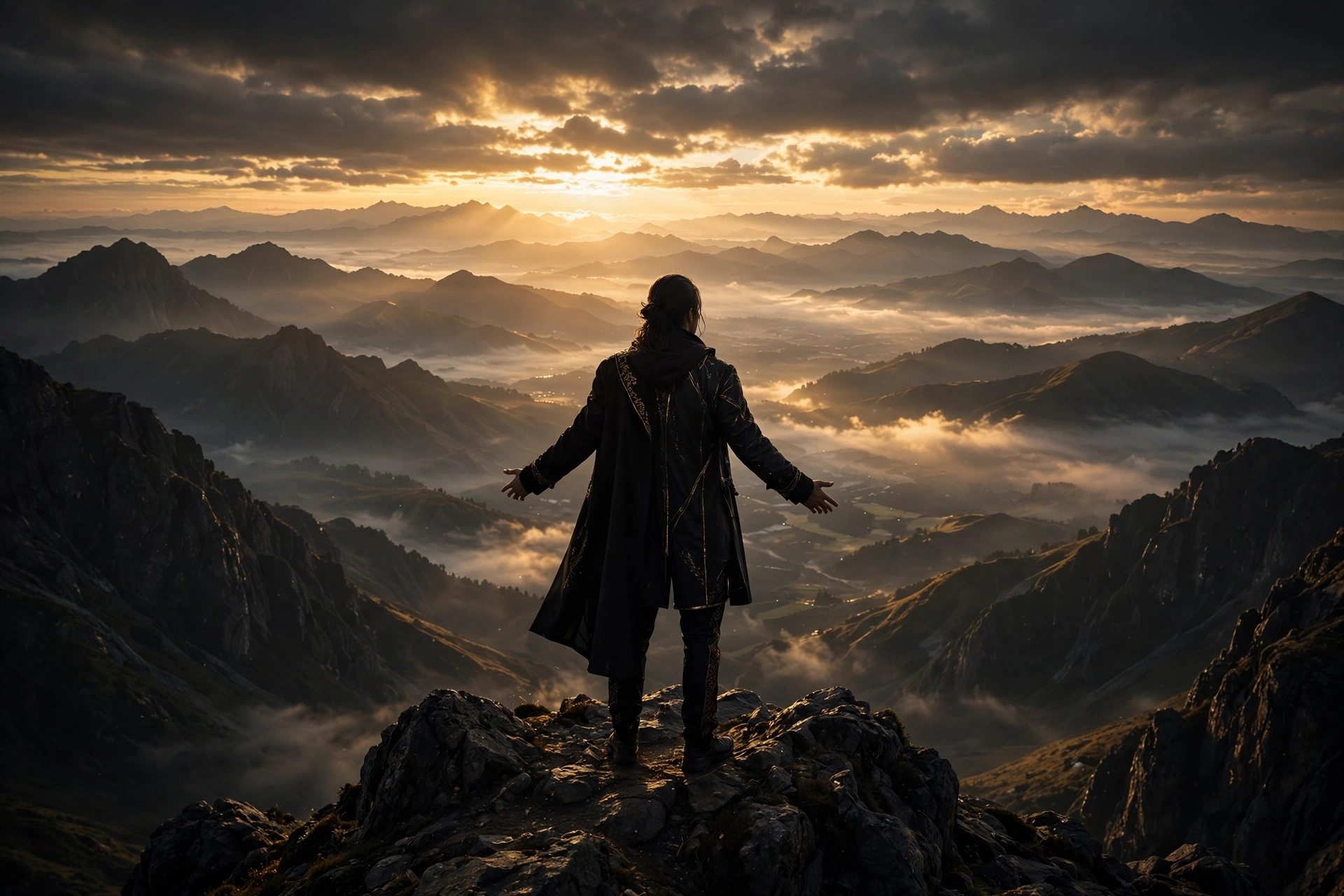 A person on a mountaintop at sunrise overlooking a vast landscape, symbolizing the expansive vision to think bigger