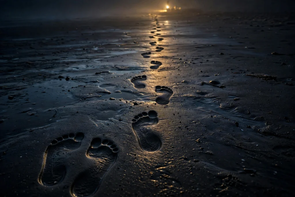 Footprints in dark sand where a second set ends and one strong set continues alone, symbolizing owning your path