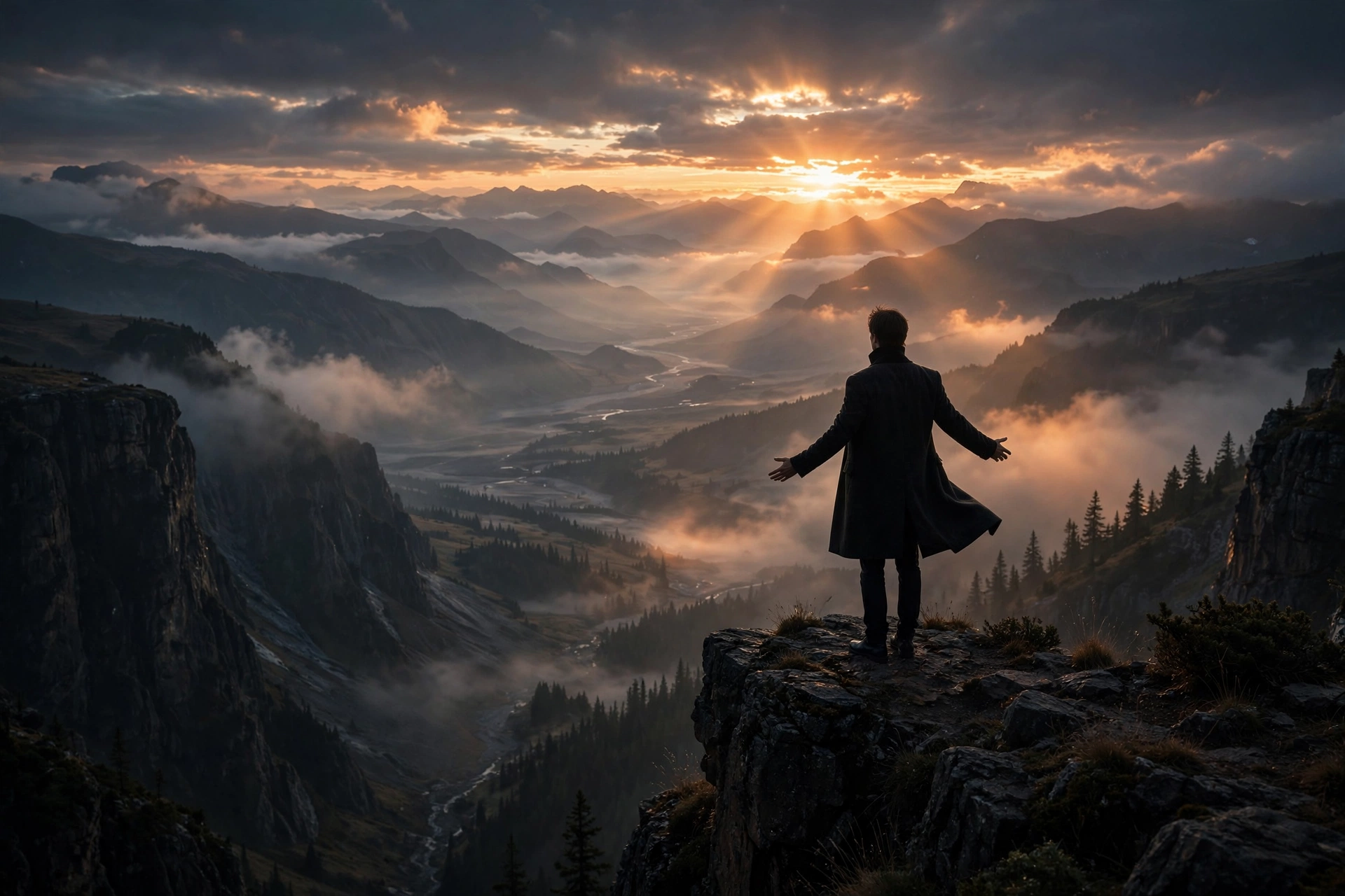 A person standing alone at a cliff edge at dawn facing a vast landscape, symbolizing radical self-reliance
