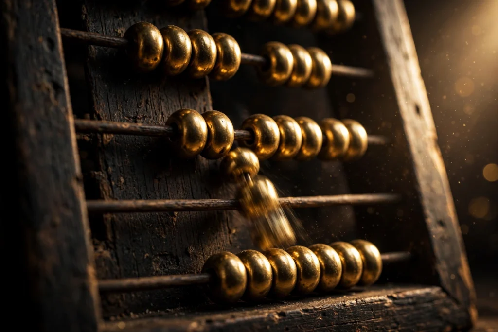 A dark abacus with golden beads, one bead sliding into place, symbolizing measuring daily growth