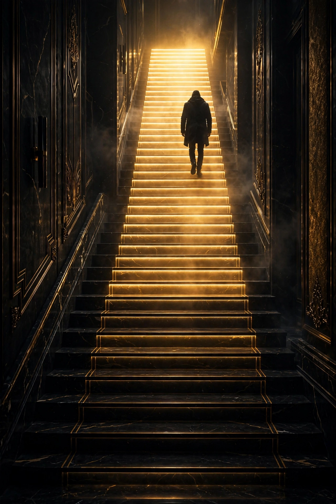A person climbing glowing steps upward, symbolizing being addicted to progress