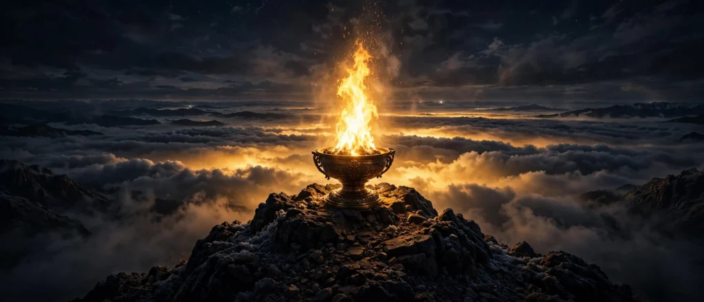 A single golden beacon flame burning on a dark mountaintop, symbolizing excellence that cannot be ignored