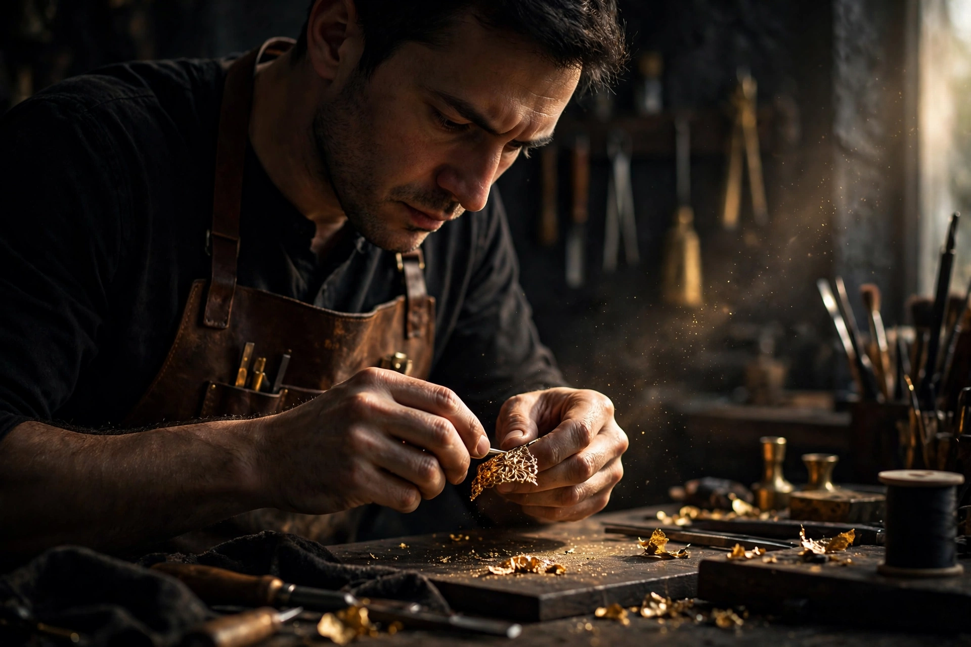A focused craftsman at work in dramatic lighting, representing the quiet mastery that makes someone impossible to ignore