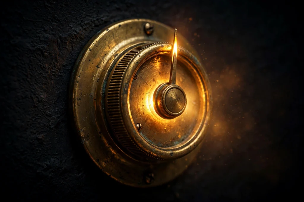 A dark thermostat dial turned up to a glowing gold setting, symbolizing upgrading your internal standards