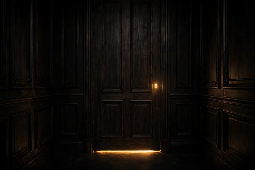A closed dark door with golden light seeping from beneath, symbolizing quiet work in progress