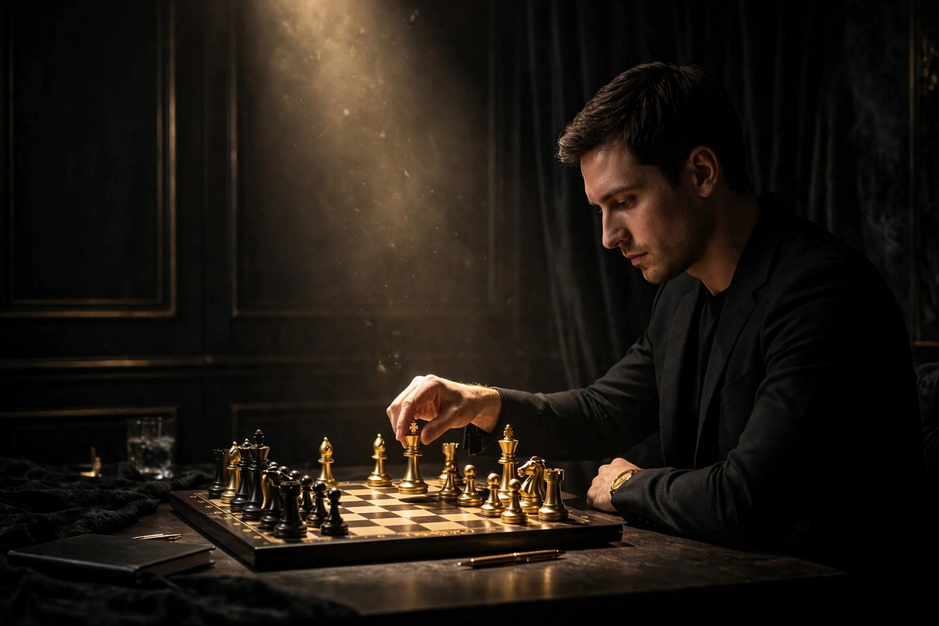 A chess player learning to move in silence, making a quiet move in the dark