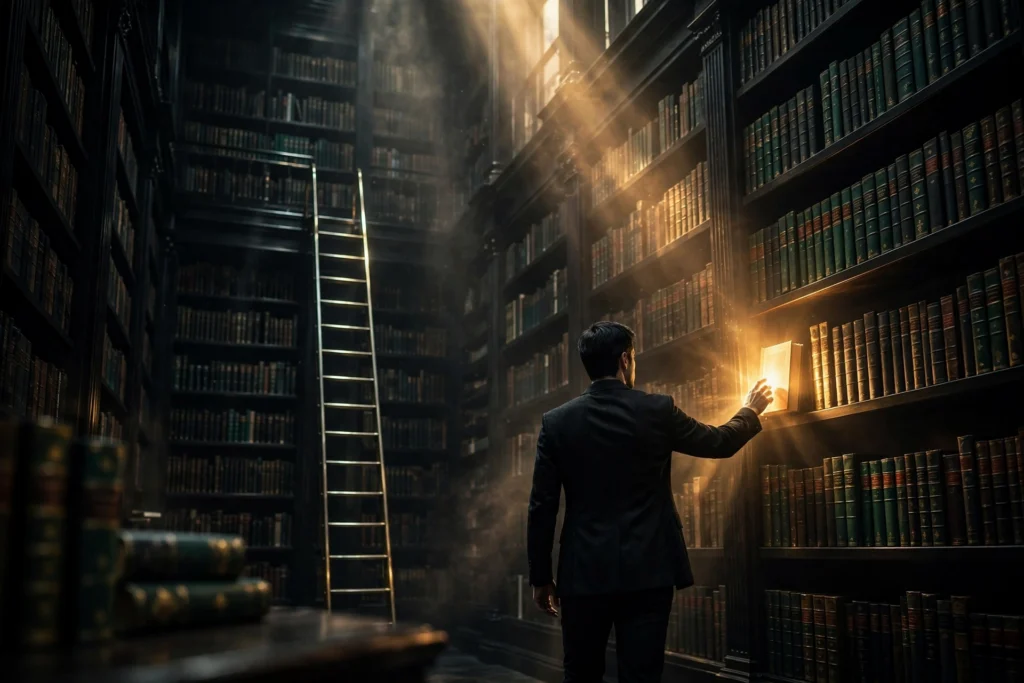 The entrepreneur from behind reaching toward a single glowing book among towering dark library shelves, symbolizing dangerous knowledge gained through deep learning.