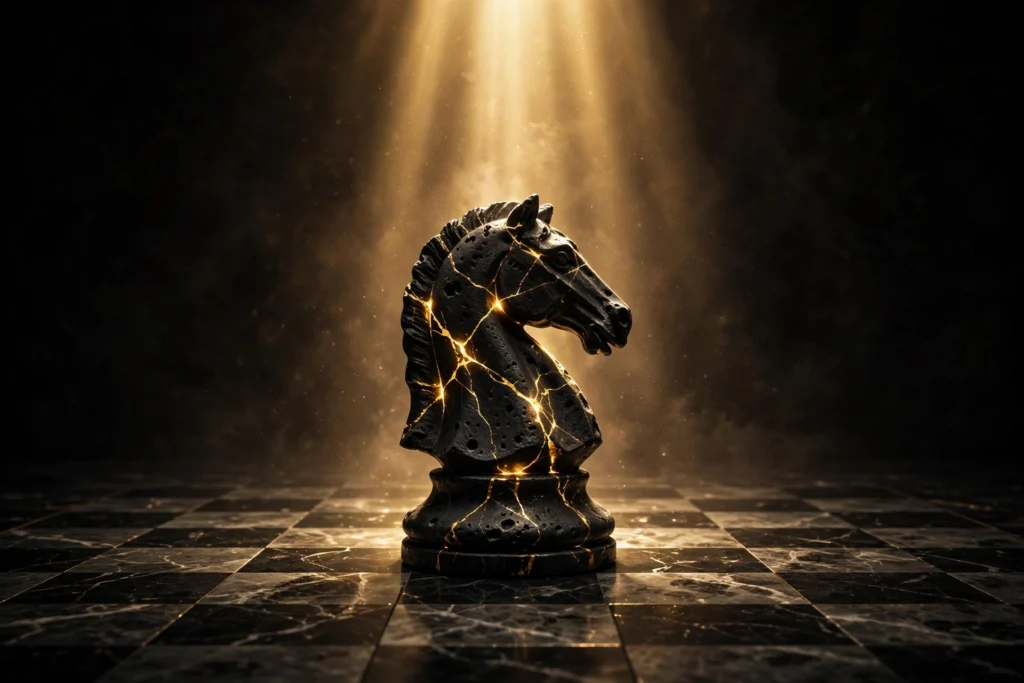 A black stone chess knight with gold veins under dramatic golden light, symbolizing strategic knowledge as an unfair advantage