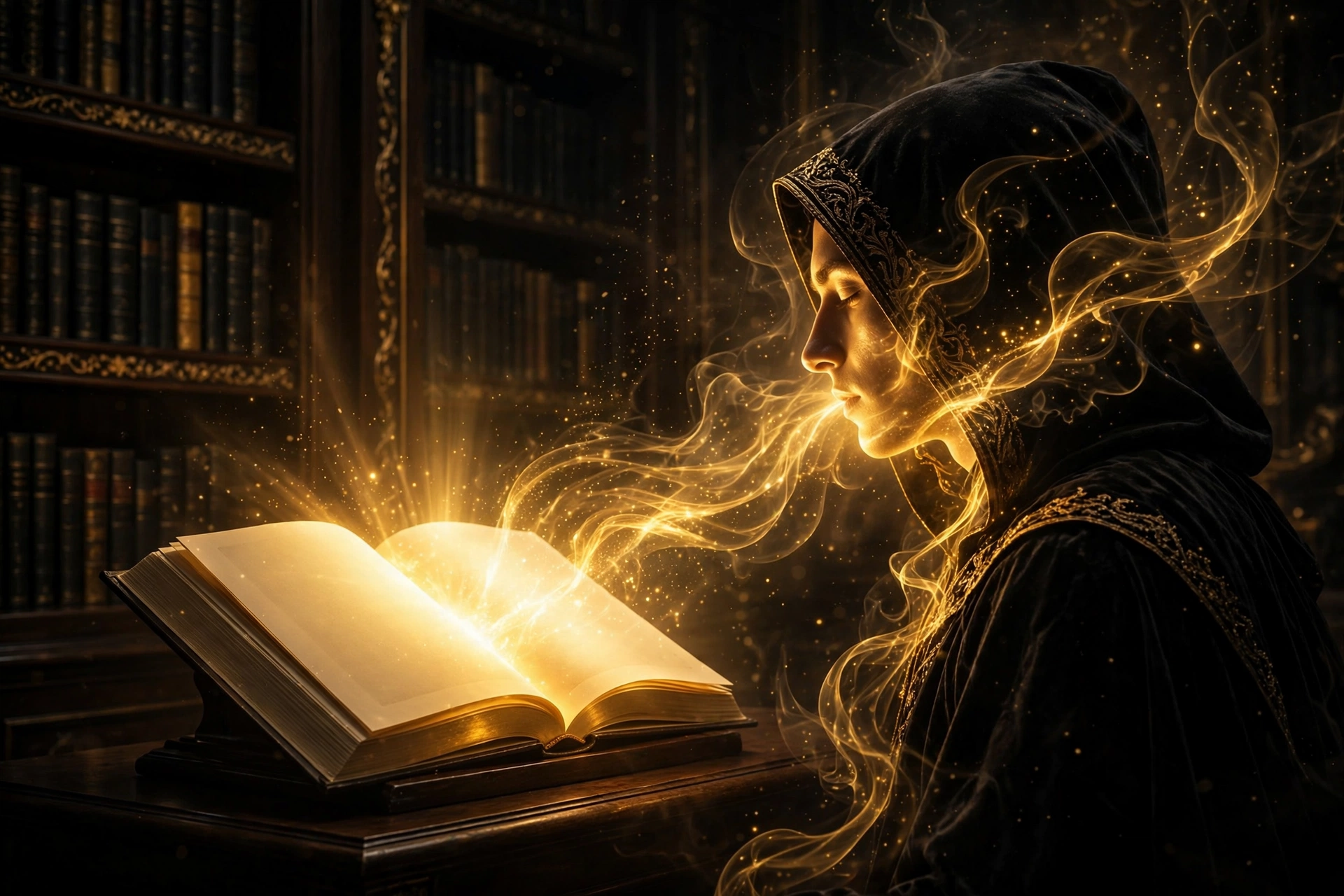 A glowing open book in a dark library, symbolizing how knowledge is power through deep learning