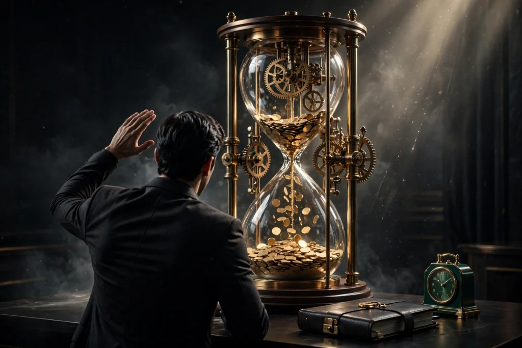 The entrepreneur from behind shielding a giant hourglass streaming gold coins instead of sand, symbolizing time defended like treasure.