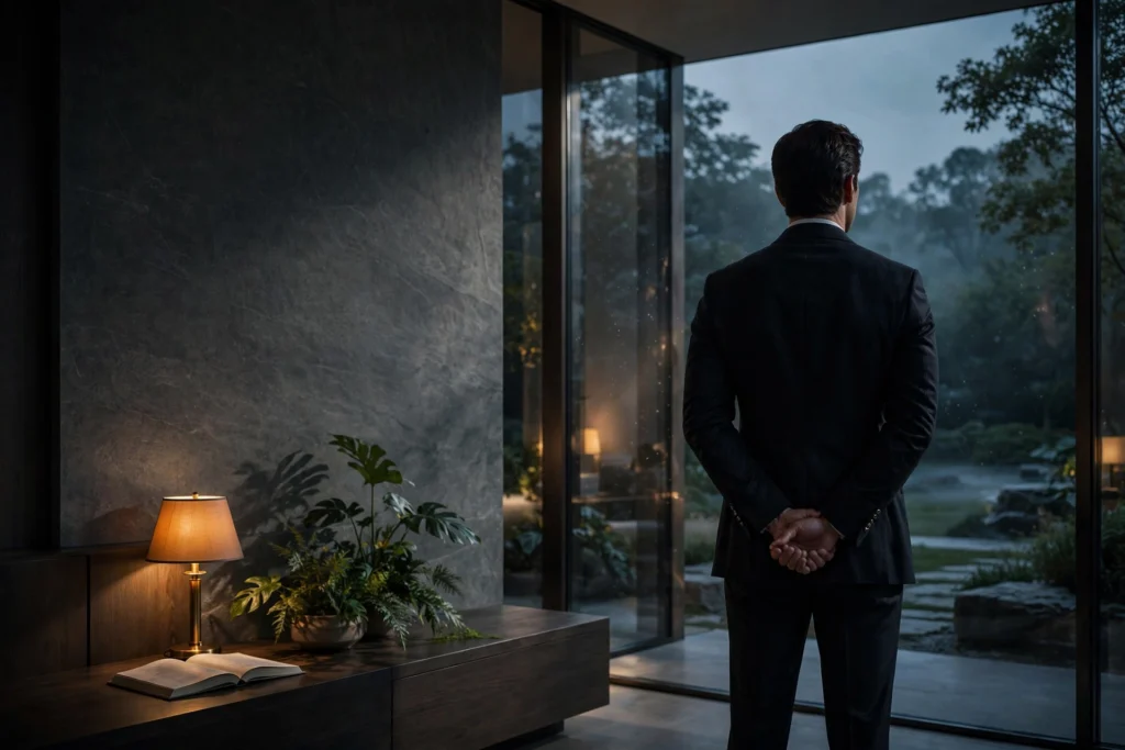 The entrepreneur from behind standing at the window of a minimalist luxury home at dusk, symbolizing quiet wealth that whispers instead of shows off.