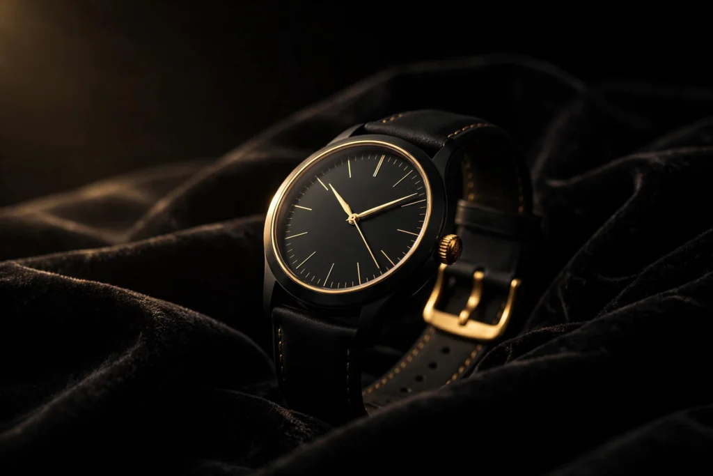 An unbranded black luxury watch on dark velvet under dramatic light, symbolizing wealth without showing off