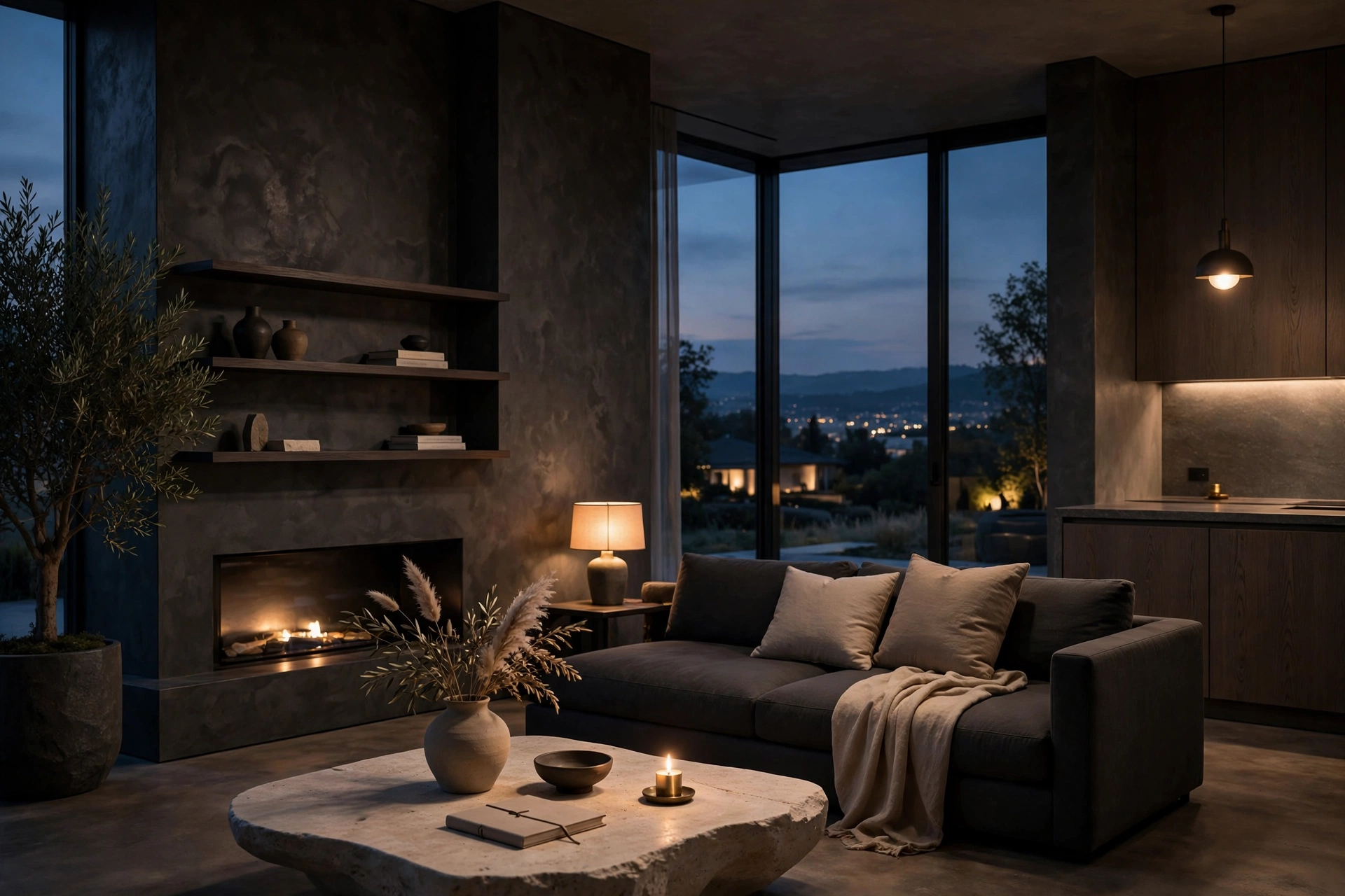 An understated elegant home interior at dusk, symbolizing quiet wealth without showing off