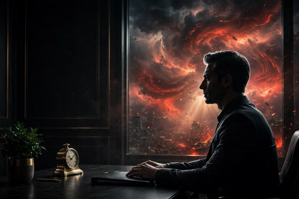The entrepreneur in calm profile at a dark desk while a red emotional storm rages beyond the window, symbolizing responding instead of reacting.