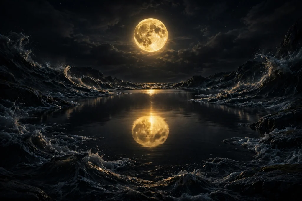 A perfectly still black lake reflecting golden moonlight, symbolizing emotional calm amid chaos
