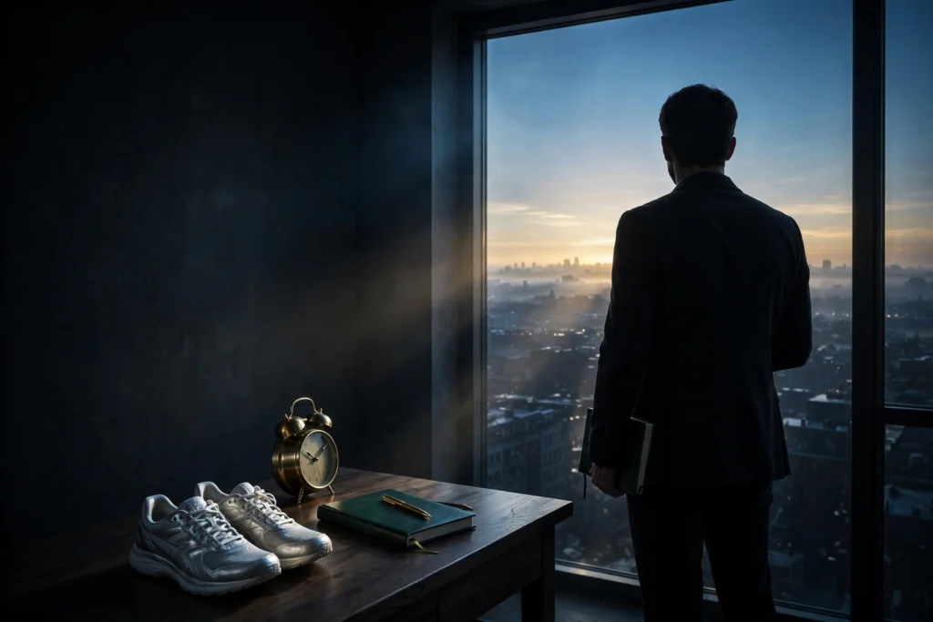 The entrepreneur from behind at a window before dawn, journal in hand, with a ringing brass alarm clock behind him, symbolizing discipline as a daily system.
