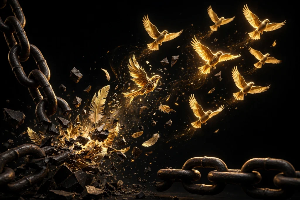 Iron chains dissolving into golden birds in flight against darkness, symbolizing discipline becoming freedom