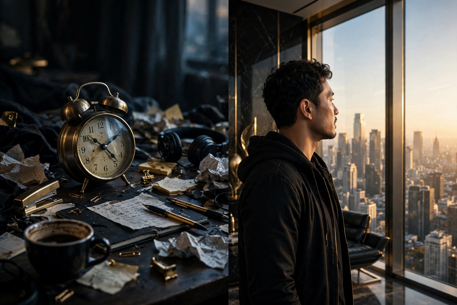 A visual contrast between a chaotic morning routine and the calm freedom that shows discipline creates freedom