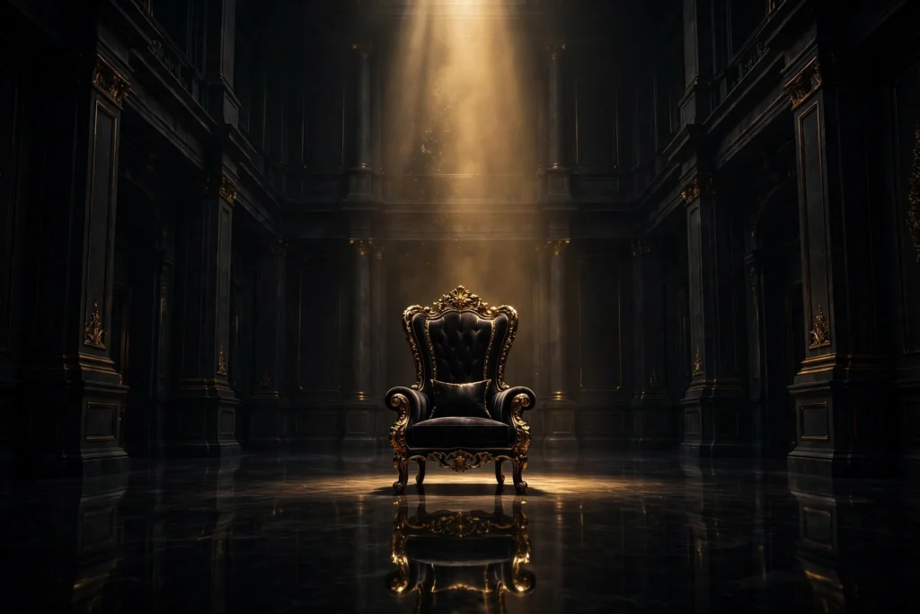 An empty throne-like chair under a golden spotlight in a dark hall, symbolizing presence that commands a room
