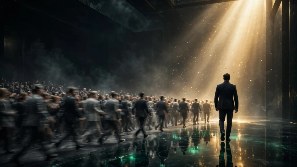 The entrepreneur from behind walking away from a gray crowd toward a shaft of golden light, symbolizing the courage to reject the herd.