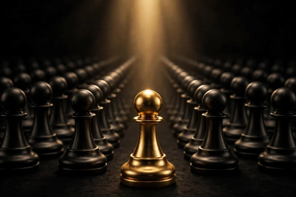 A single golden chess pawn standing apart from rows of dark identical pawns, symbolizing contrarian thinking