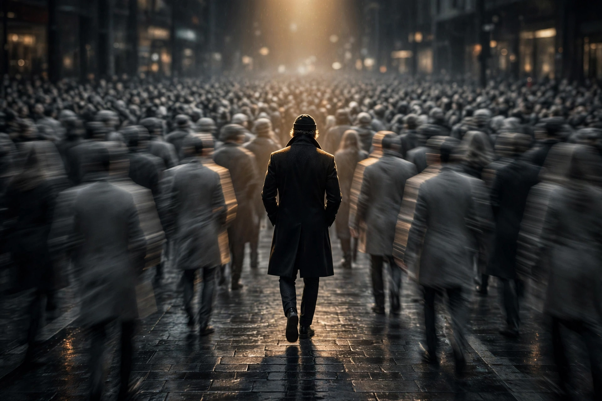 A lone figure walking away from a large crowd, symbolizing the courage to stop living like everyone else