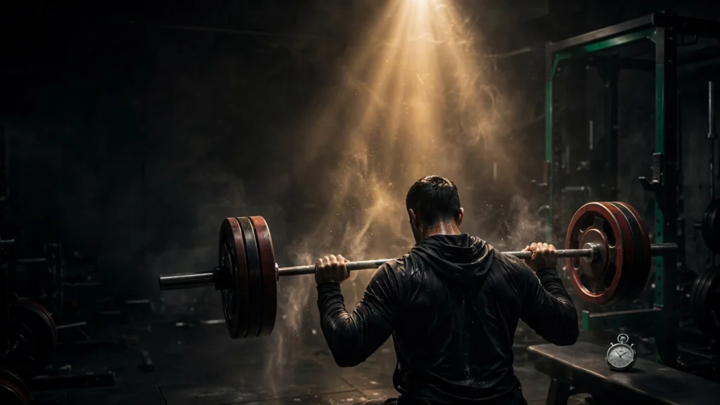 The entrepreneur from behind training alone with a heavy barbell in a dark gym before dawn, symbolizing the hunger that separates winners.