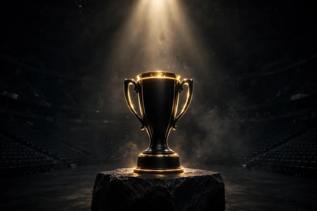 A black and gold trophy on a dark pedestal in an empty black arena, symbolizing obsession with winning