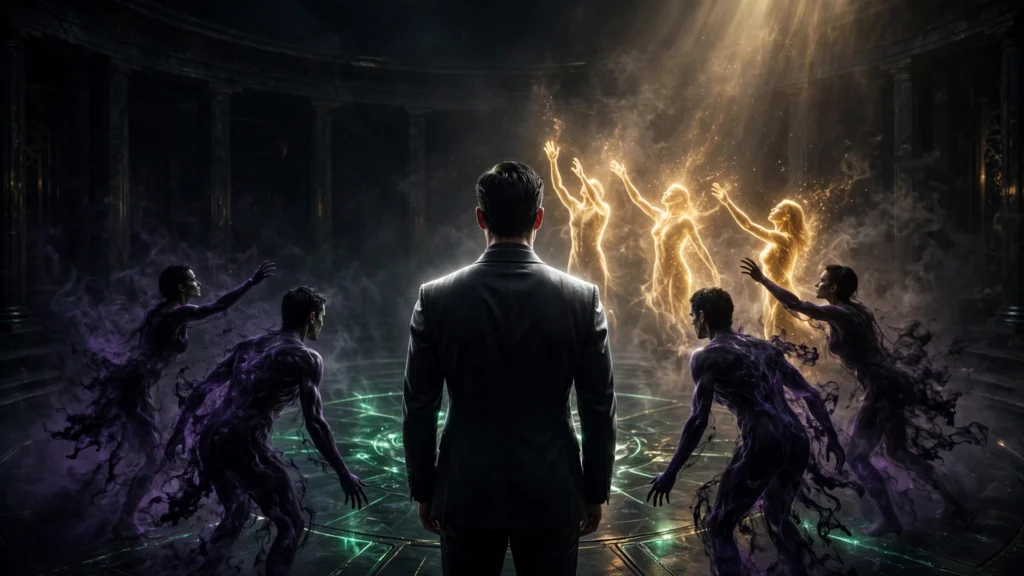 The entrepreneur at the center of a ring of figures, golden ones lifting him up and dark ones pulling down, symbolizing how your circle decides your rise.