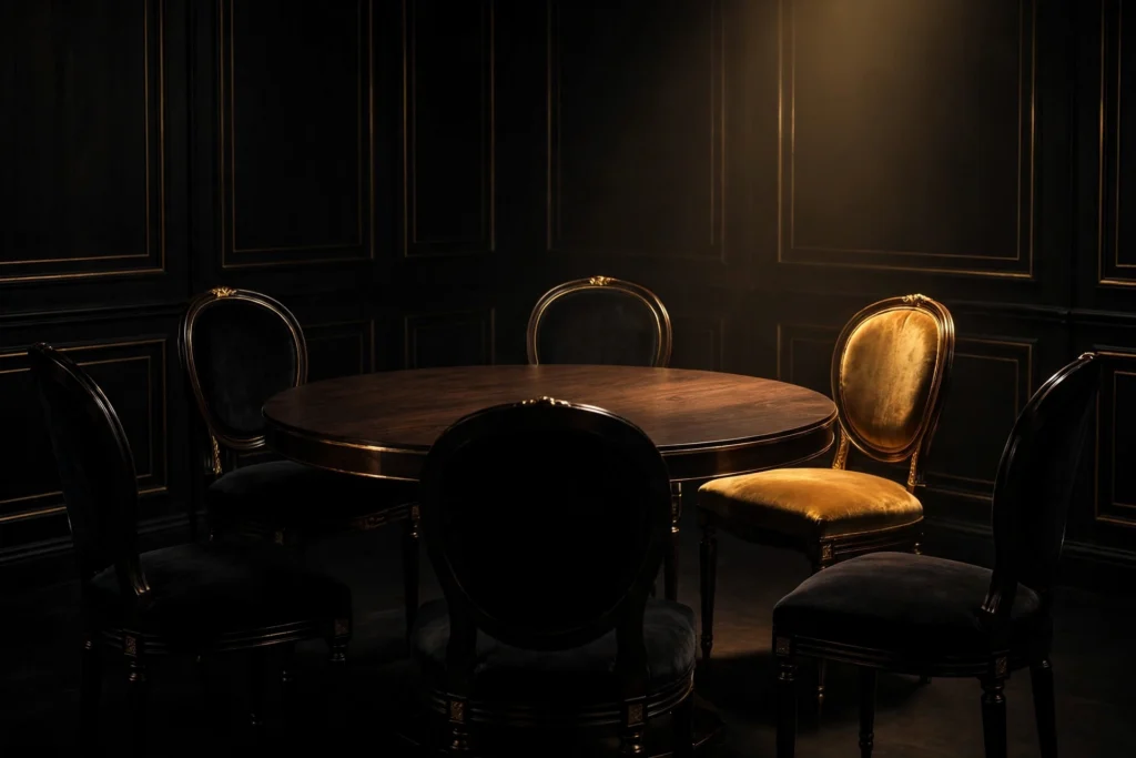 A dark round table with one chair glowing in golden light, symbolizing deliberately choosing who sits at your table